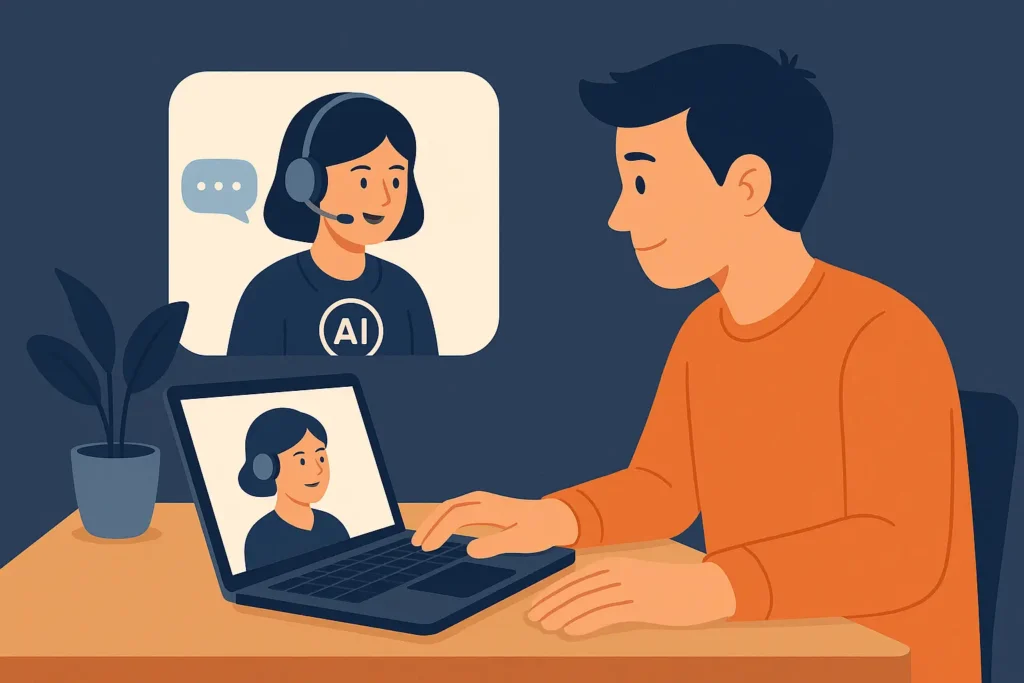 Illustration d’un utilisateur interagissant avec une assistante virtuelle IA sur ordinateur portable dans une scène de travail à domicile