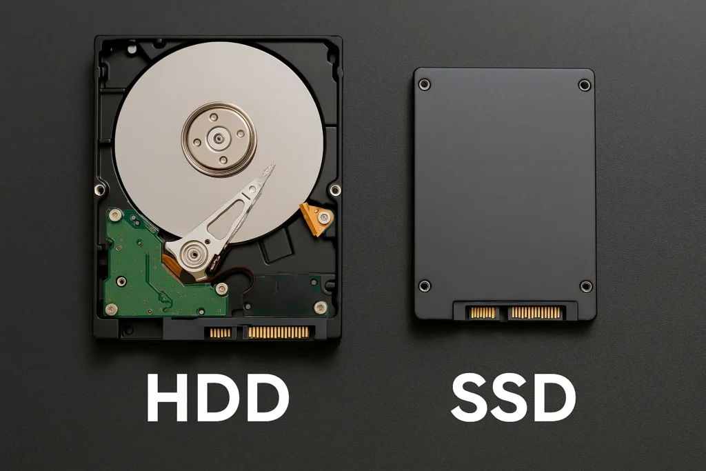 Comparatif visuel entre un disque dur HDD mécanique et un SSD moderne, posés côte à côte sur fond sombre
