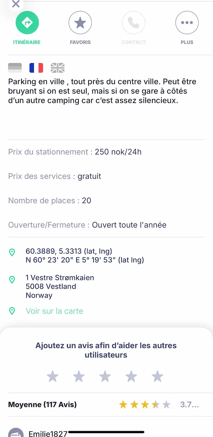 Fiche parking Park4night