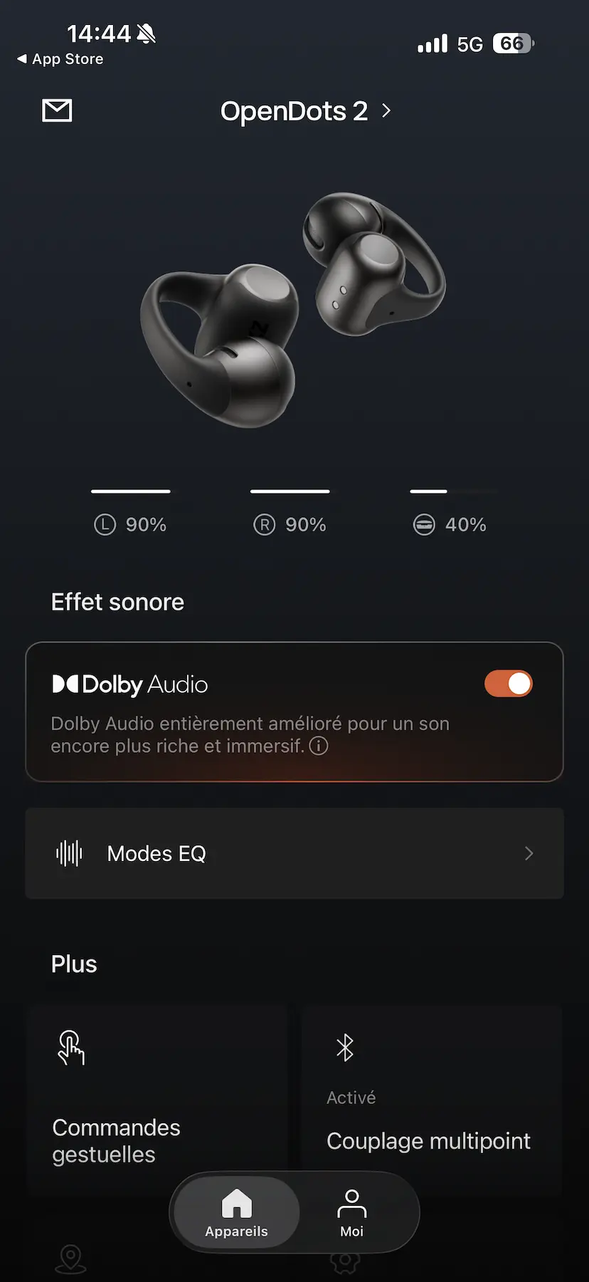 Accueil de l’application Shokz pour les écouteurs OpenDots 2