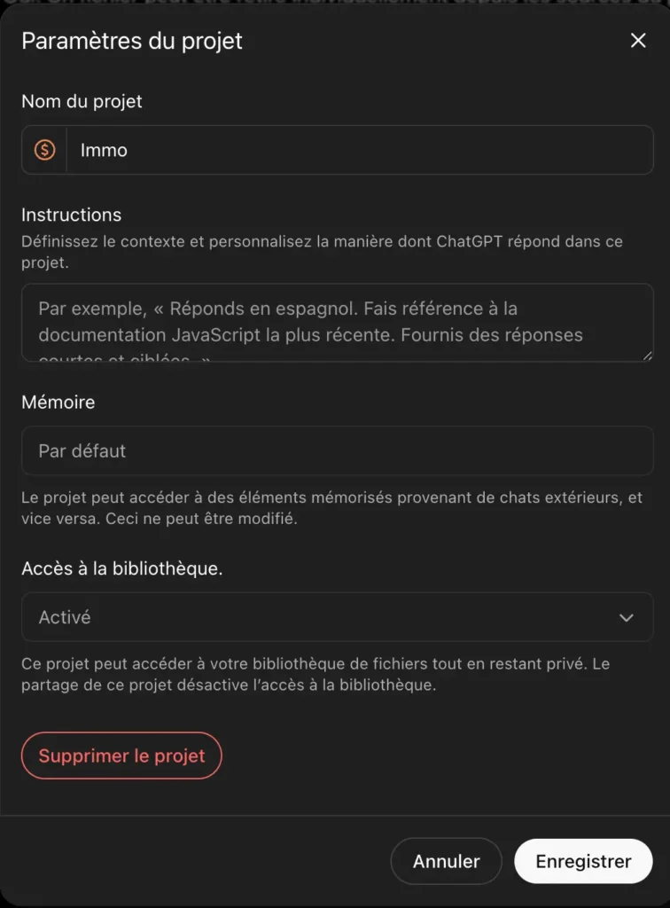 Ajouter des instructions à des projets ChatGPT