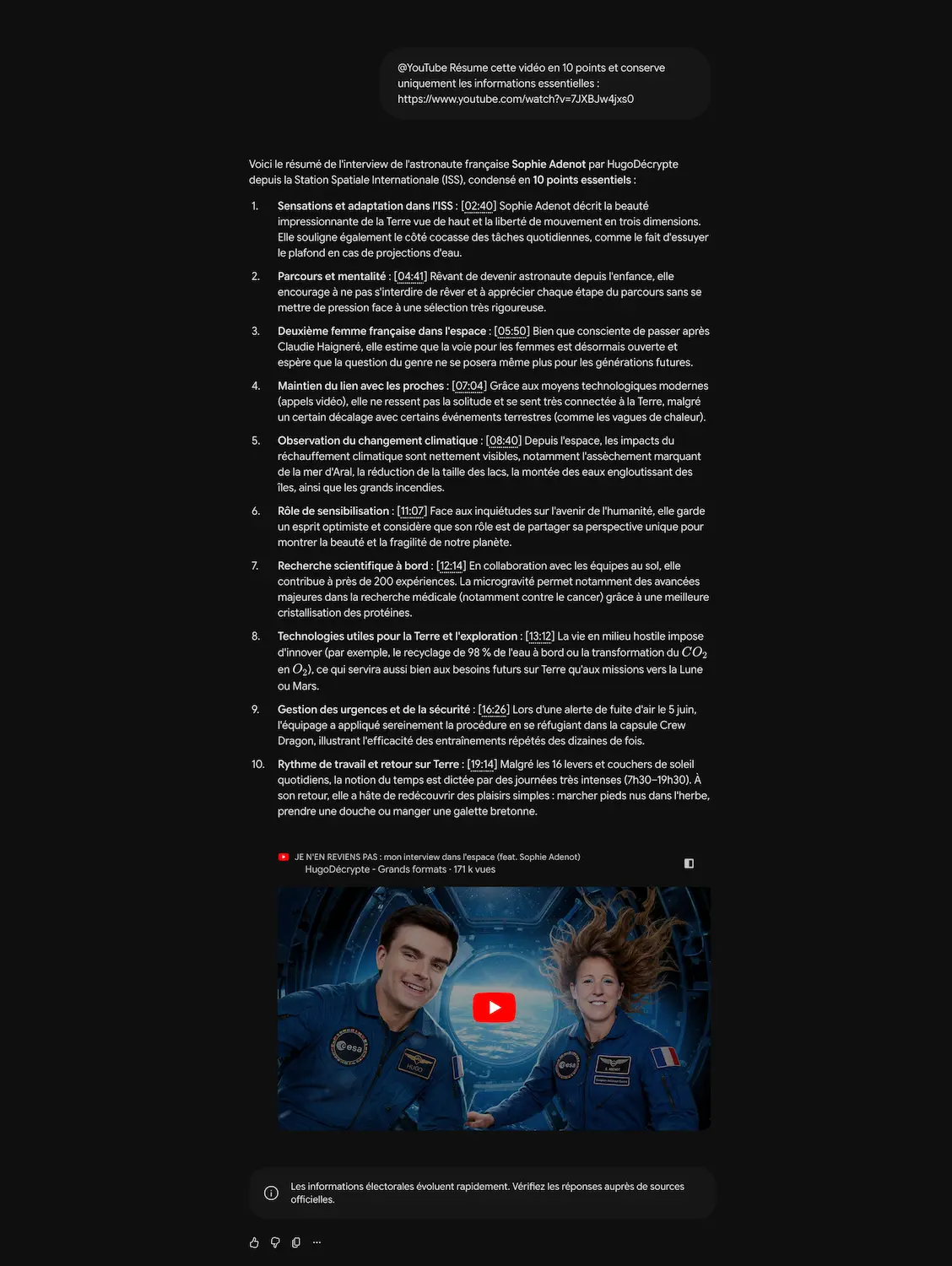 Conversation avec Gemini pour résumer une vidéo YouTube