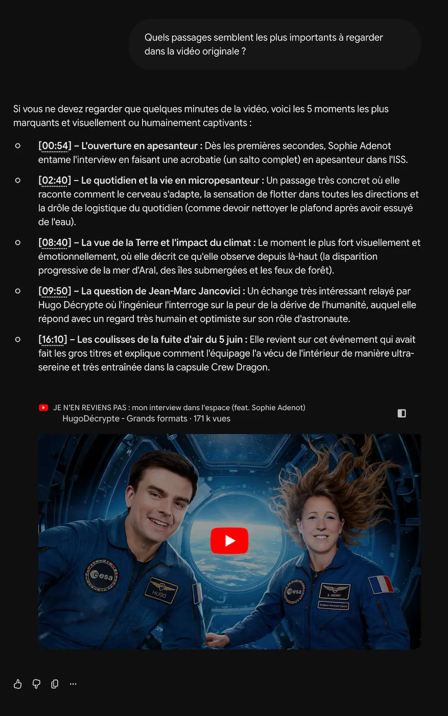 Moments importants à regarder d'une vidéo YouTube avec l'aide de Gemini