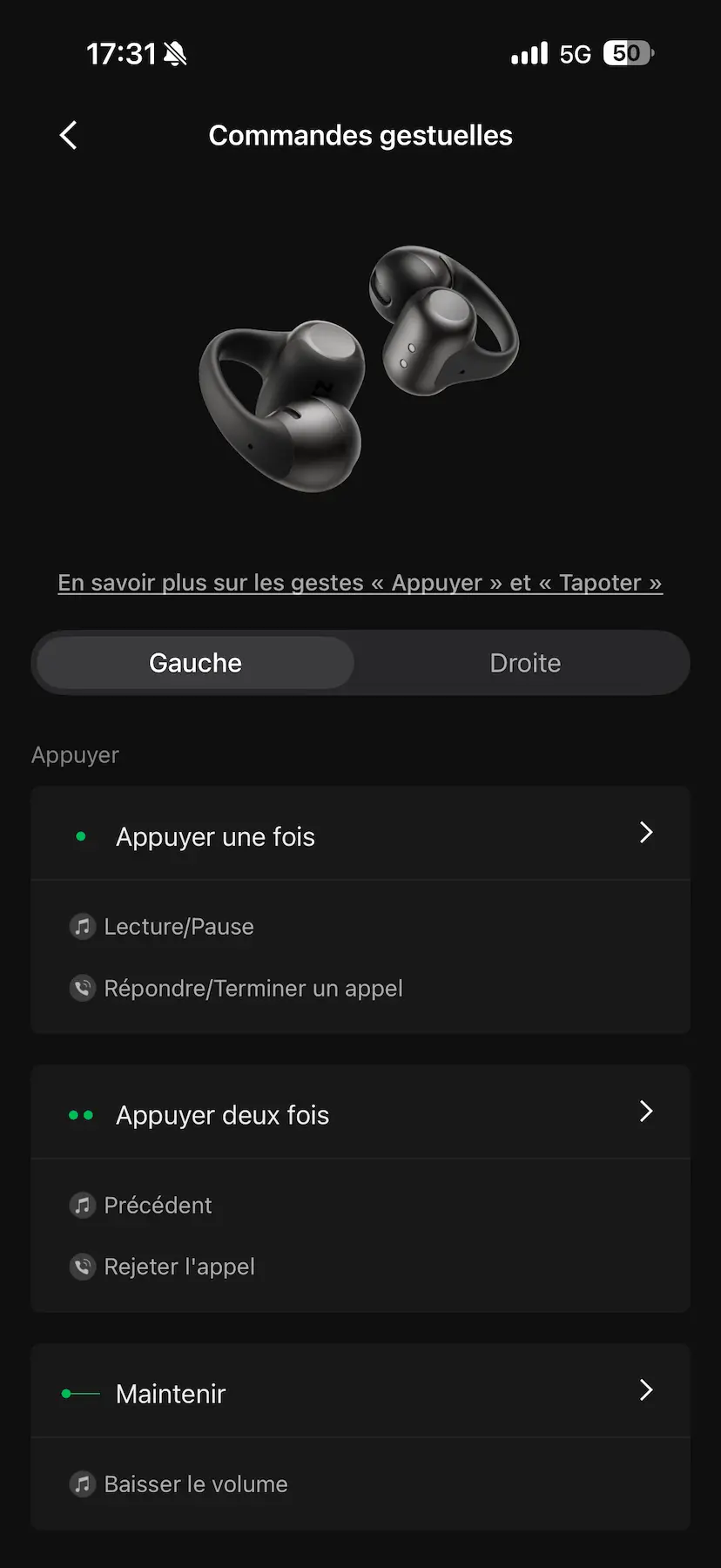 Personnalisation des commandes gestuelles des Shokz OpenDots 2 dans l’application