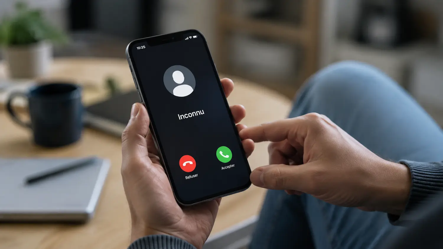 Personne recevant un appel d’un numéro inconnu sur son smartphone