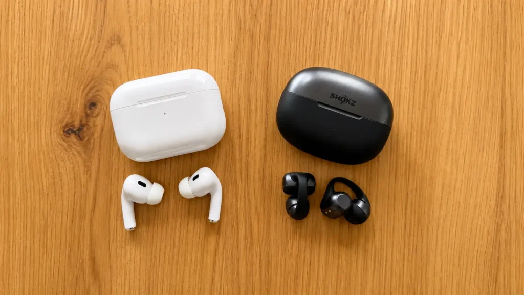 Comparaison entre des écouteurs ouverts Shokz et des écouteurs intra-auriculaires AirPods Pro