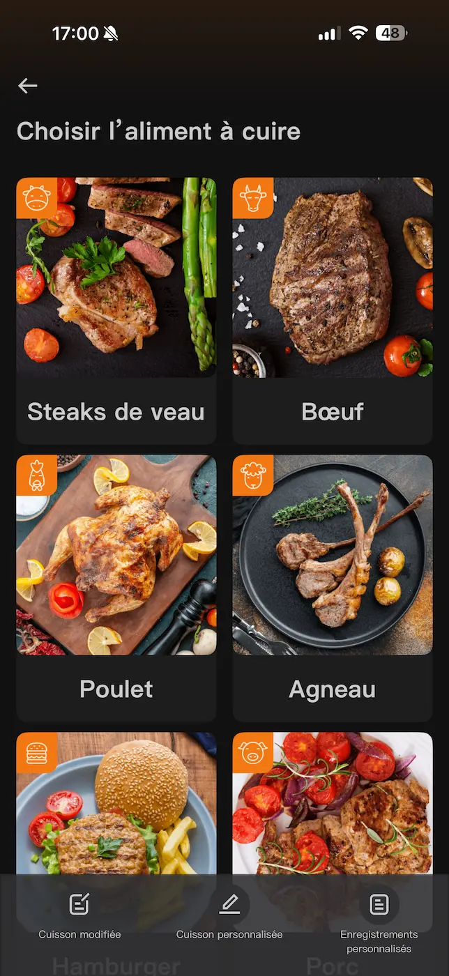 Choix du type de viande dans l’application INKBIRD
