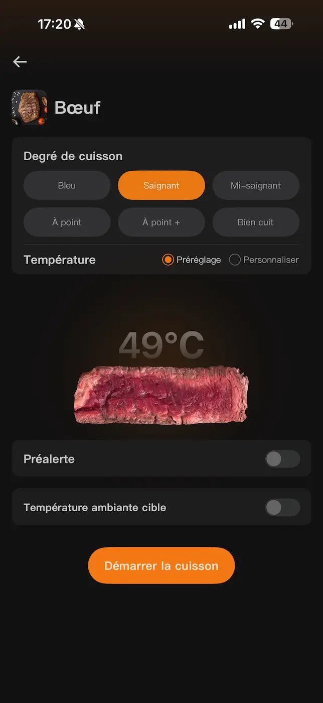 Sélection du niveau de cuisson de la viande dans l’application INKBIRD