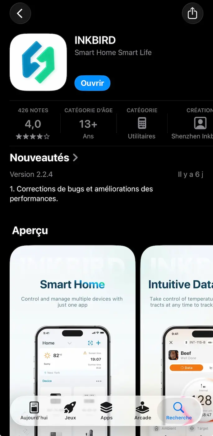 Application INKBIRD disponible sur iPhone pour suivre les cuissons