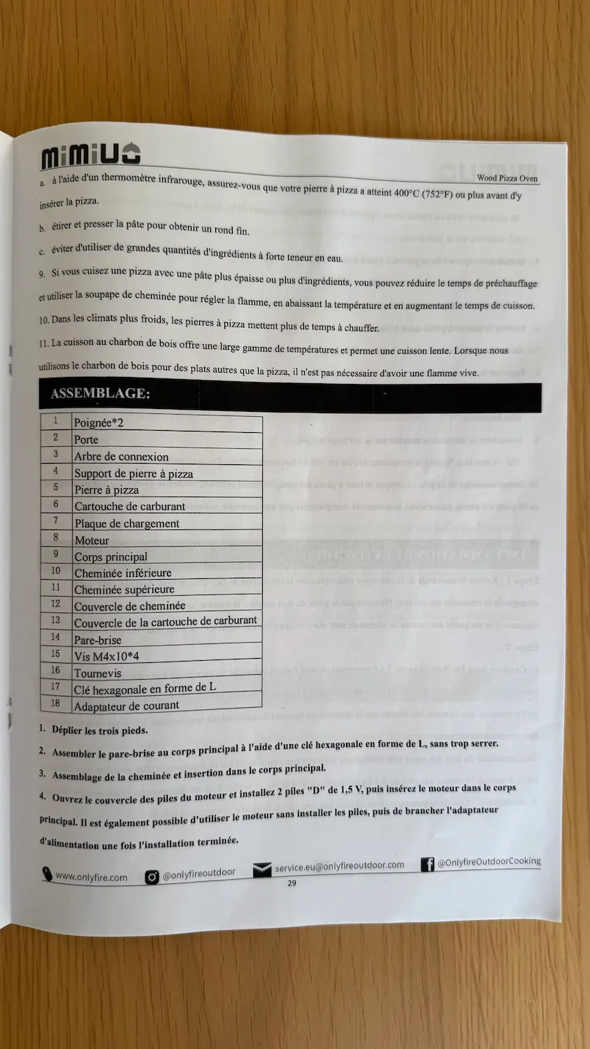 Instructions en français de la notice du four Mimiuo