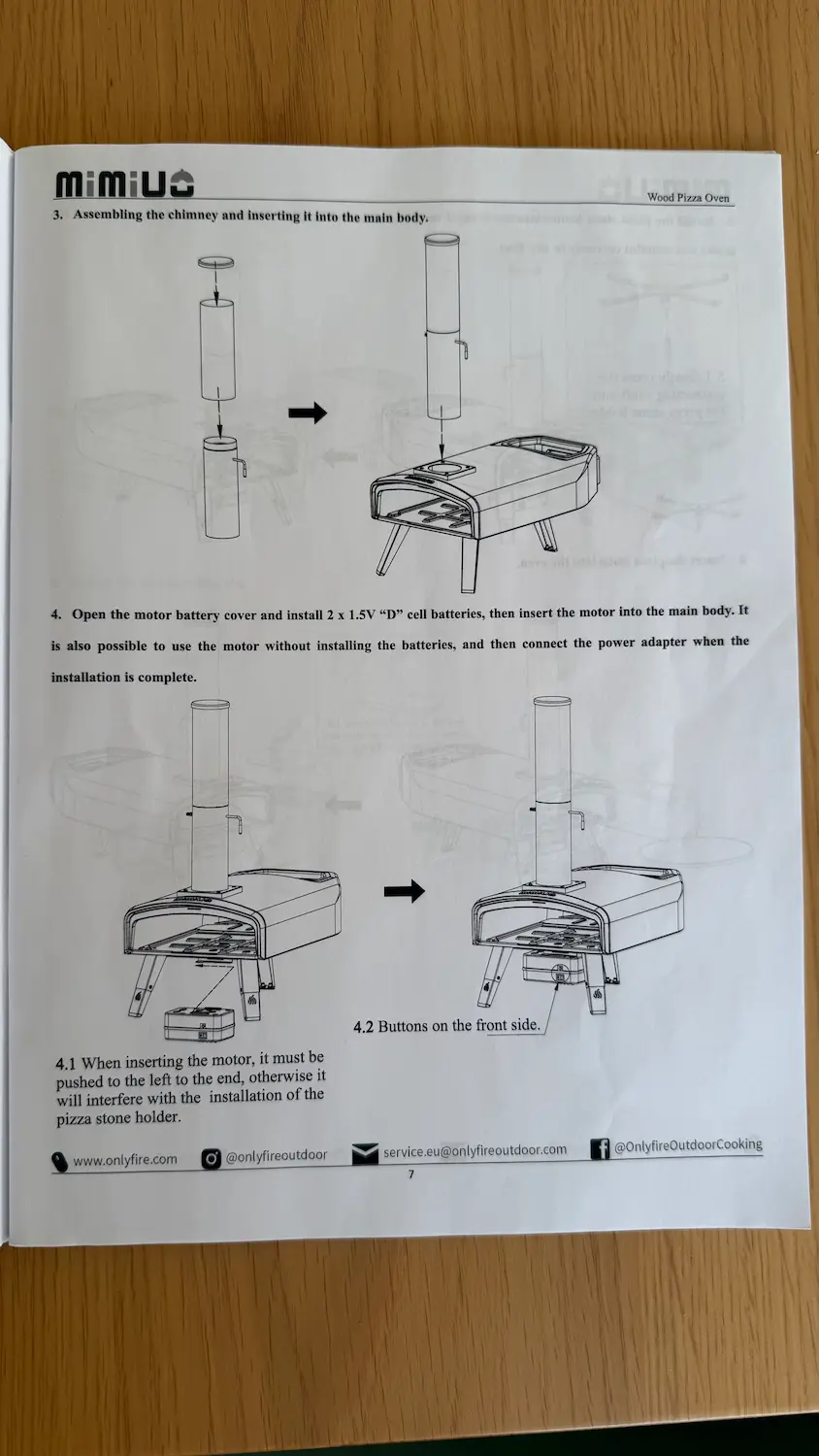 Schémas de montage en anglais de la notice du four Mimiuo