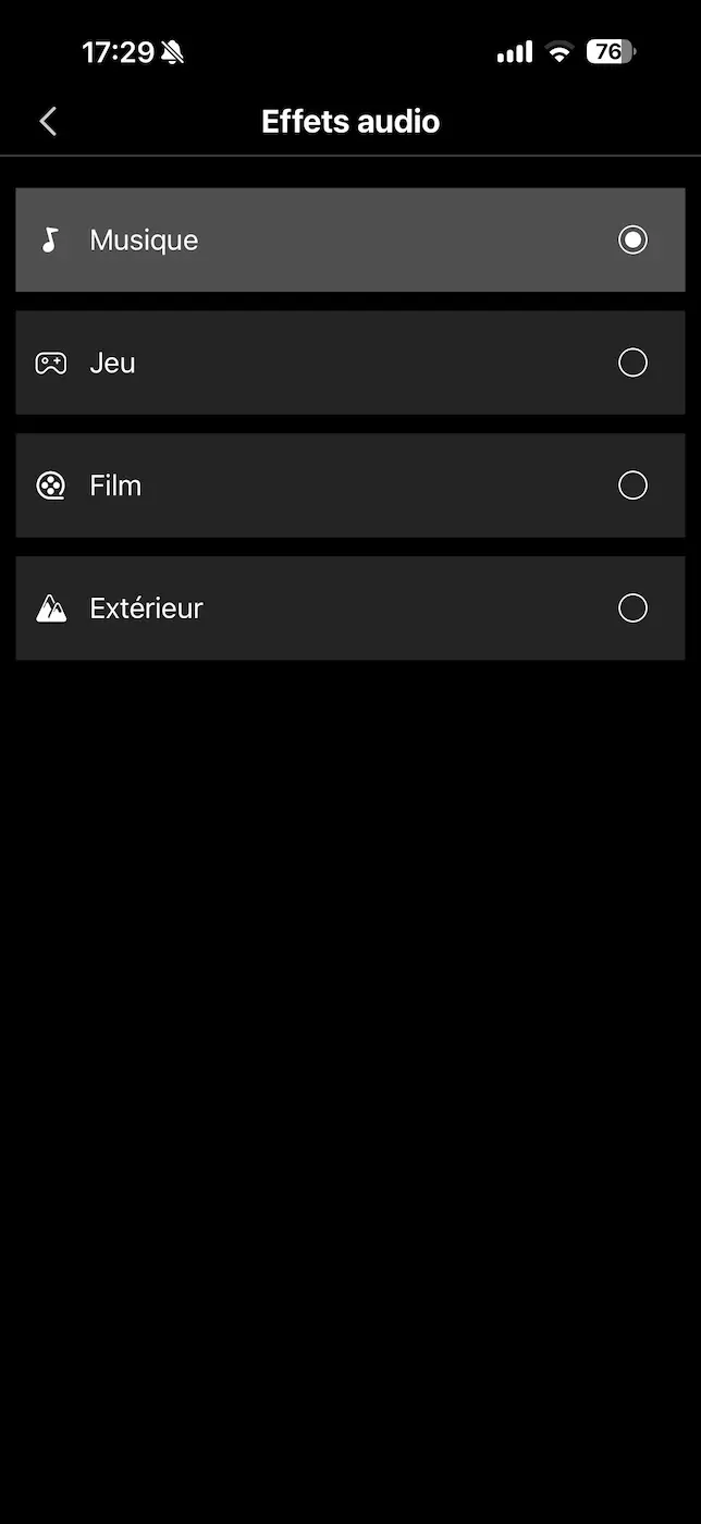 Modes Musique, Jeu, Film et Extérieur de l’Edifier ES60 dans l’application ConneX