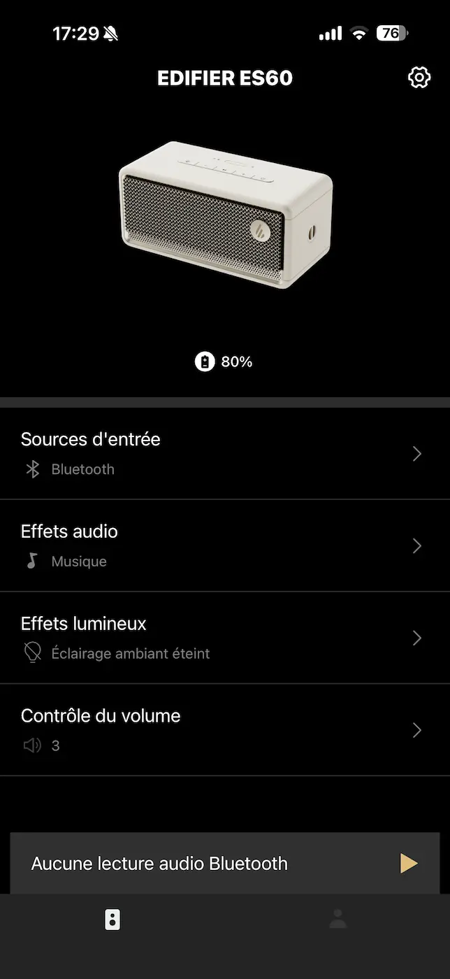 Écran principal d’Edifier ConneX avec batterie de l’ES60 à 80 % et réglages audio