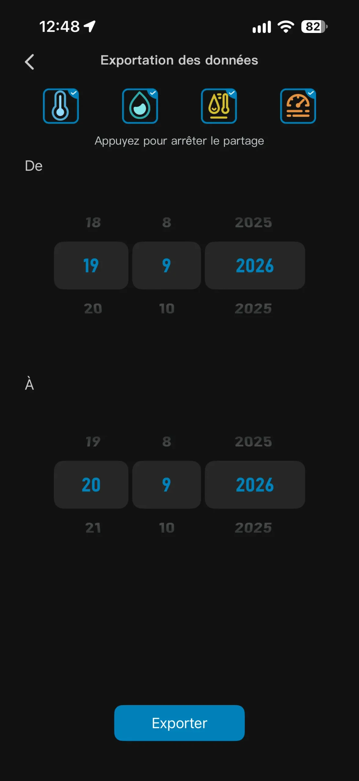 Sélection des dates pour exporter les données de l’Inkbird IBS-TH3 au format CSV