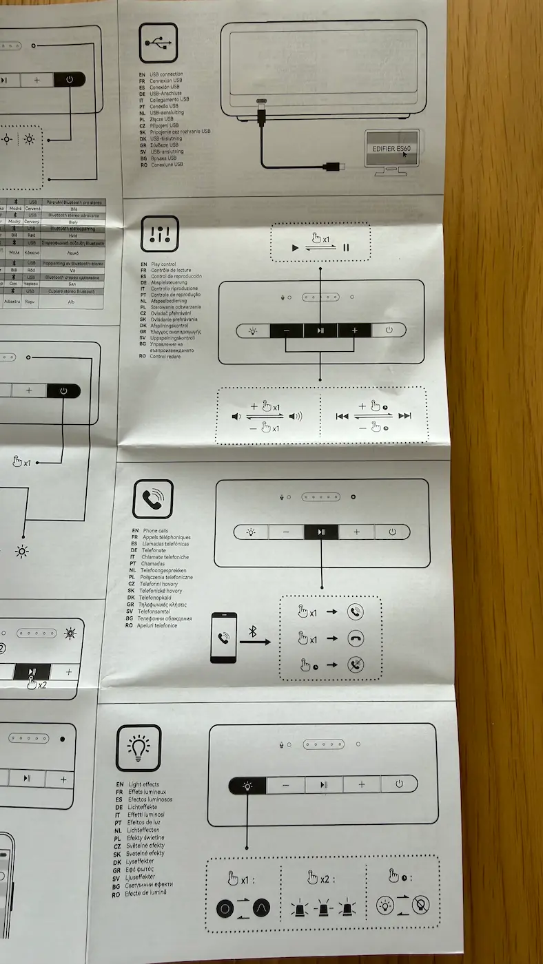 Notice de l’Edifier ES60 détaillant la connexion USB, les commandes, les appels et l’éclairage