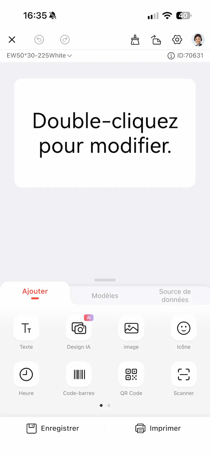 Éditeur de l’application NIIMBOT avec une étiquette à personnaliser