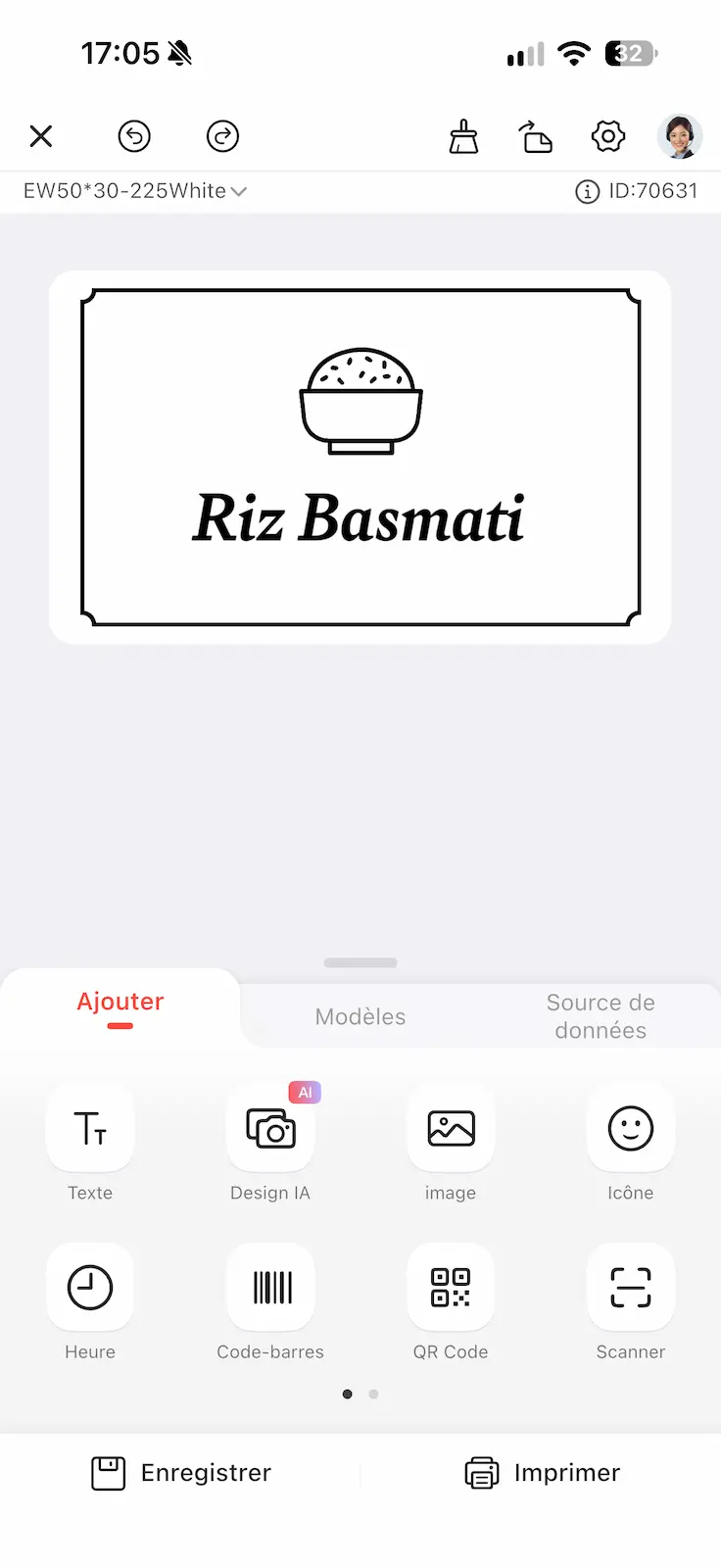 Création d’une étiquette Riz basmati avec un cadre et un pictogramme dans NIIMBOT