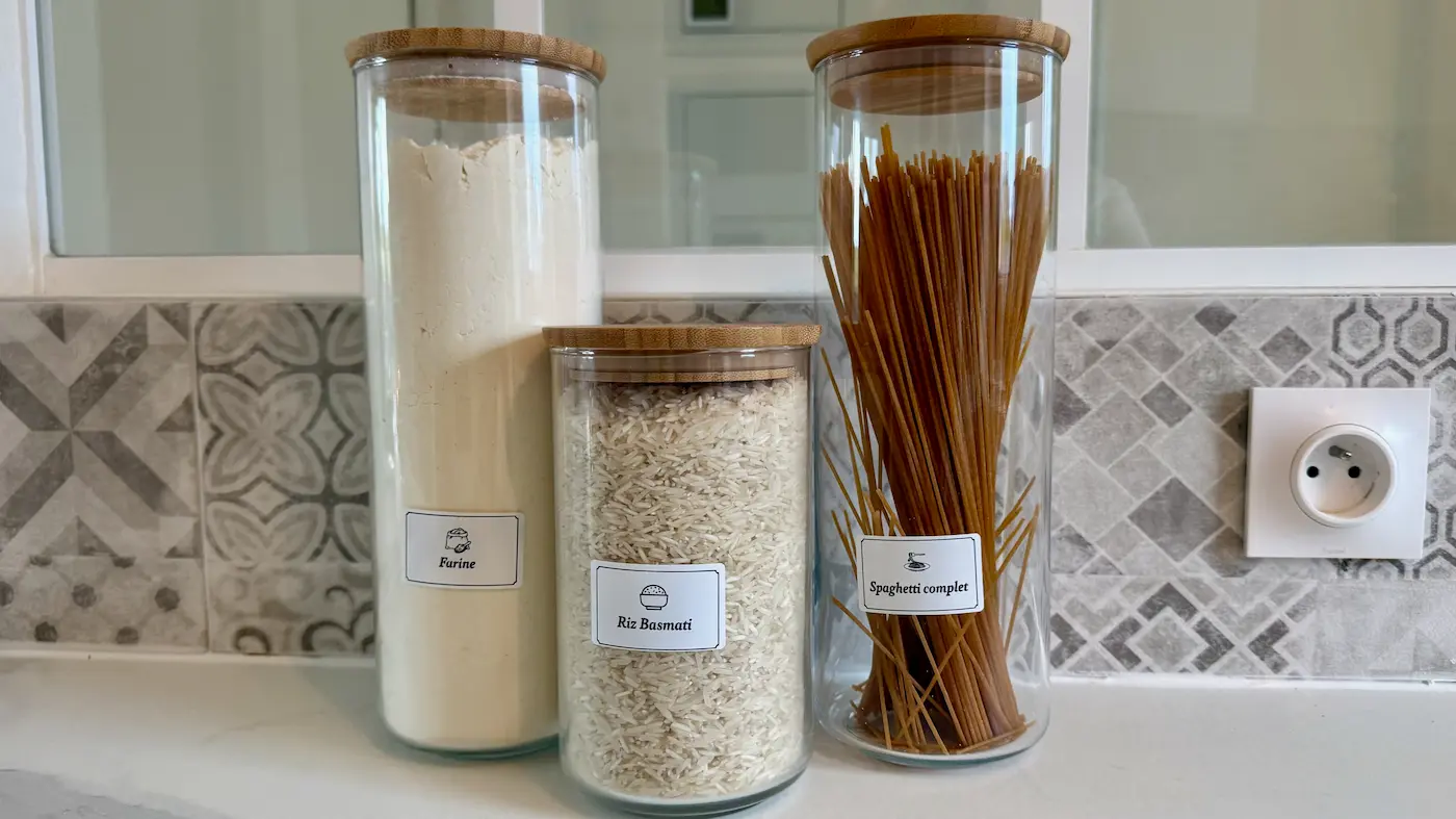 Bocaux de farine, de riz et de spaghettis avec des étiquettes personnalisées